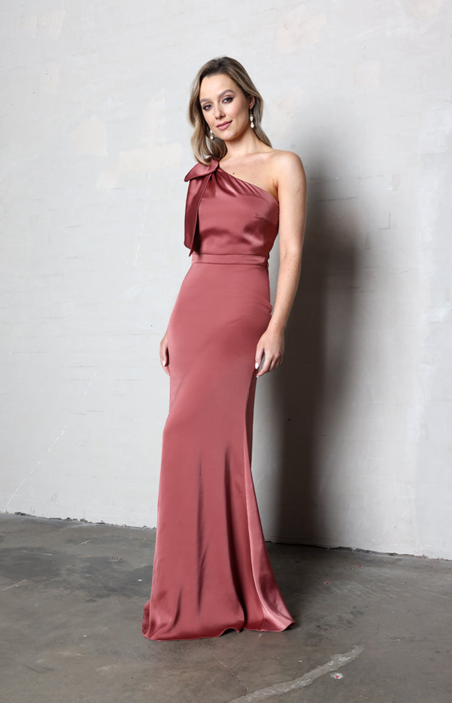 Fleur Satin Gown Detachable Bow - Marsala