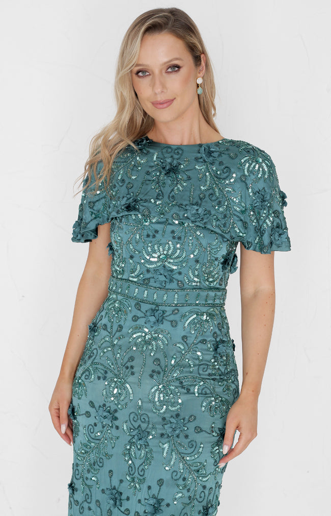 100% Silk Luxe Lyla Hand Beaded Dress - Seafoam