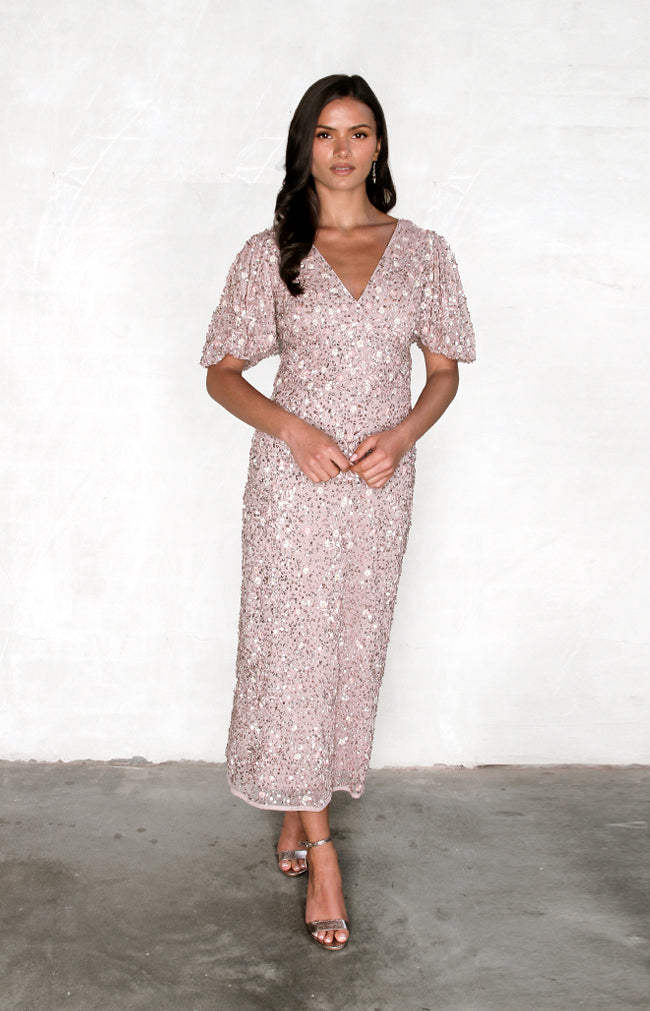 Diane Hand Beaded Midi Dress - Dusty Rose