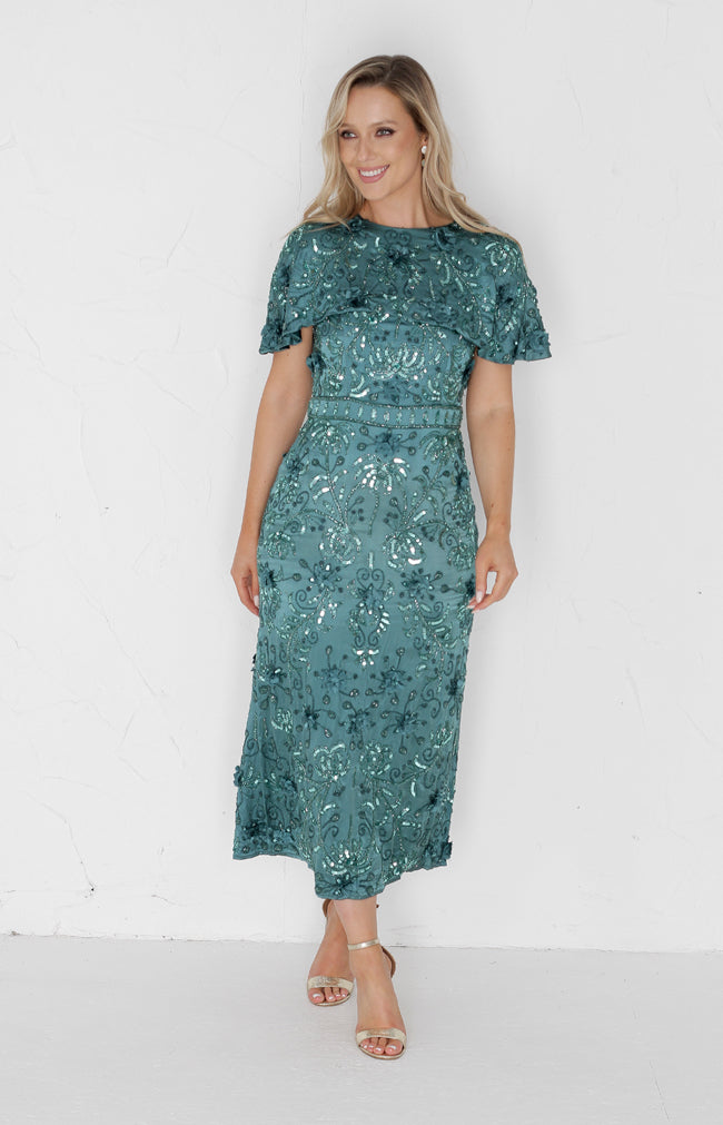 100% Silk Luxe Lyla Hand Beaded Dress - Seafoam