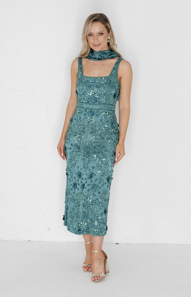100% Silk Luxe Lyla Hand Beaded Dress - Seafoam