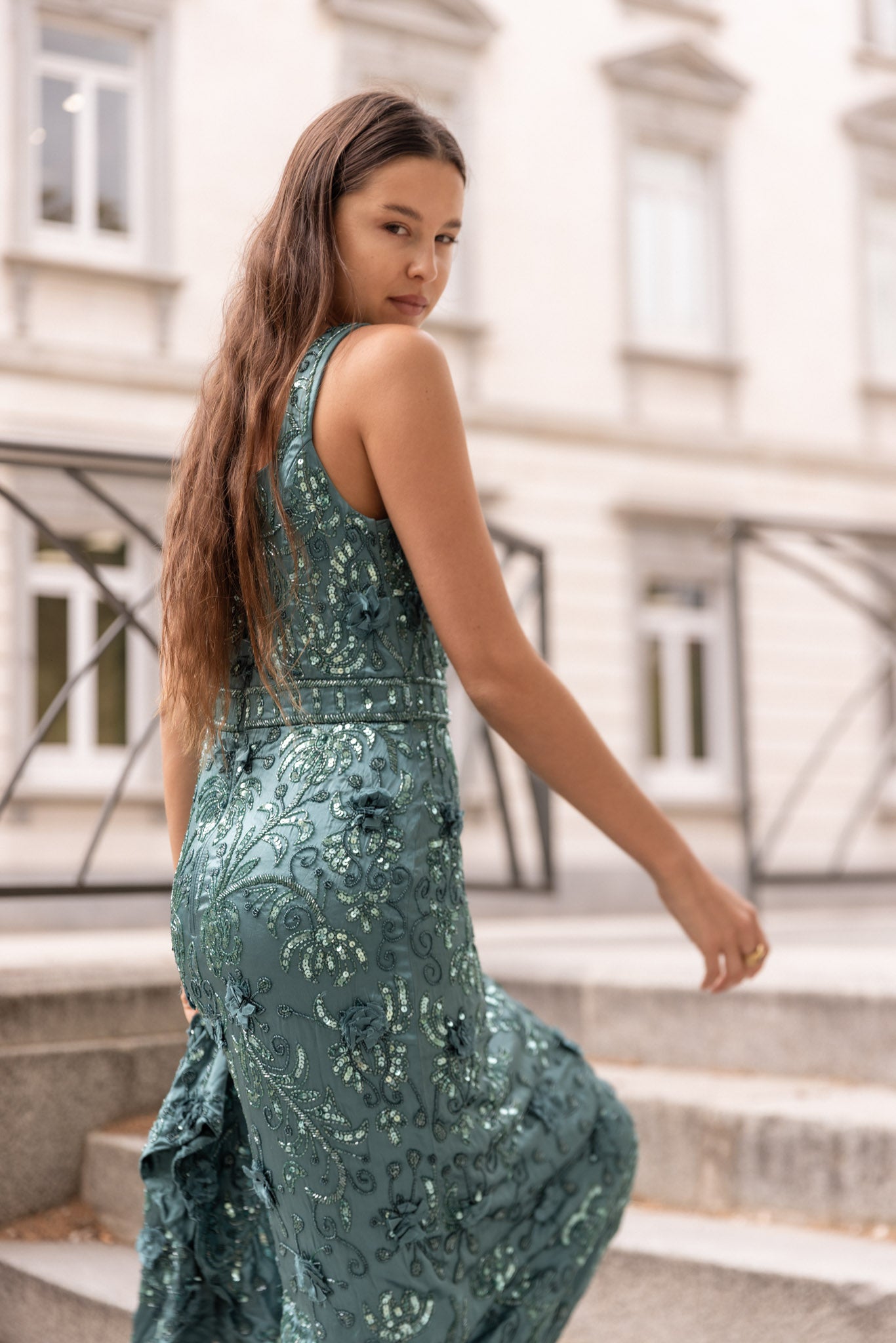 100% Silk Luxe Lyla Hand Beaded Dress - Seafoam