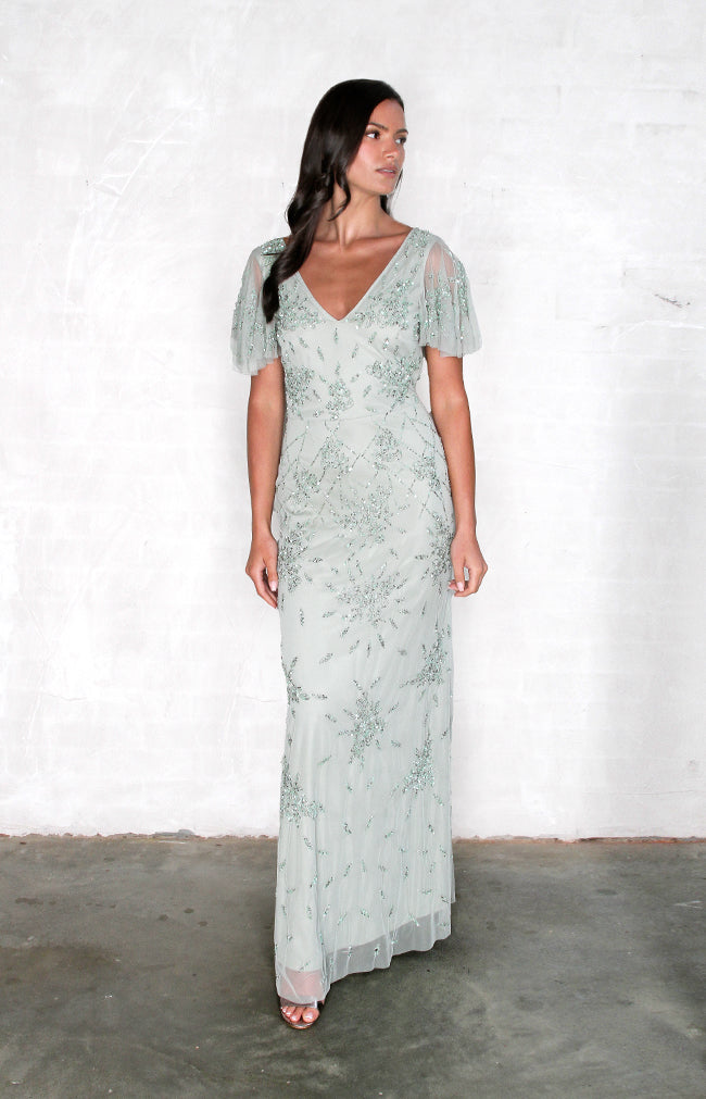 Annette Hand Beaded Gown - Sage