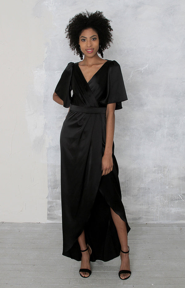 Renata High Back Satin Gown - Black