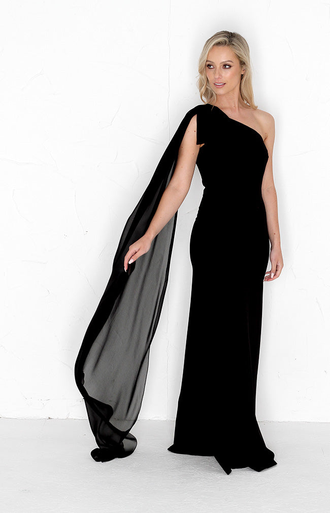 Fleur Crepe Gown Detachable Bow - Black
