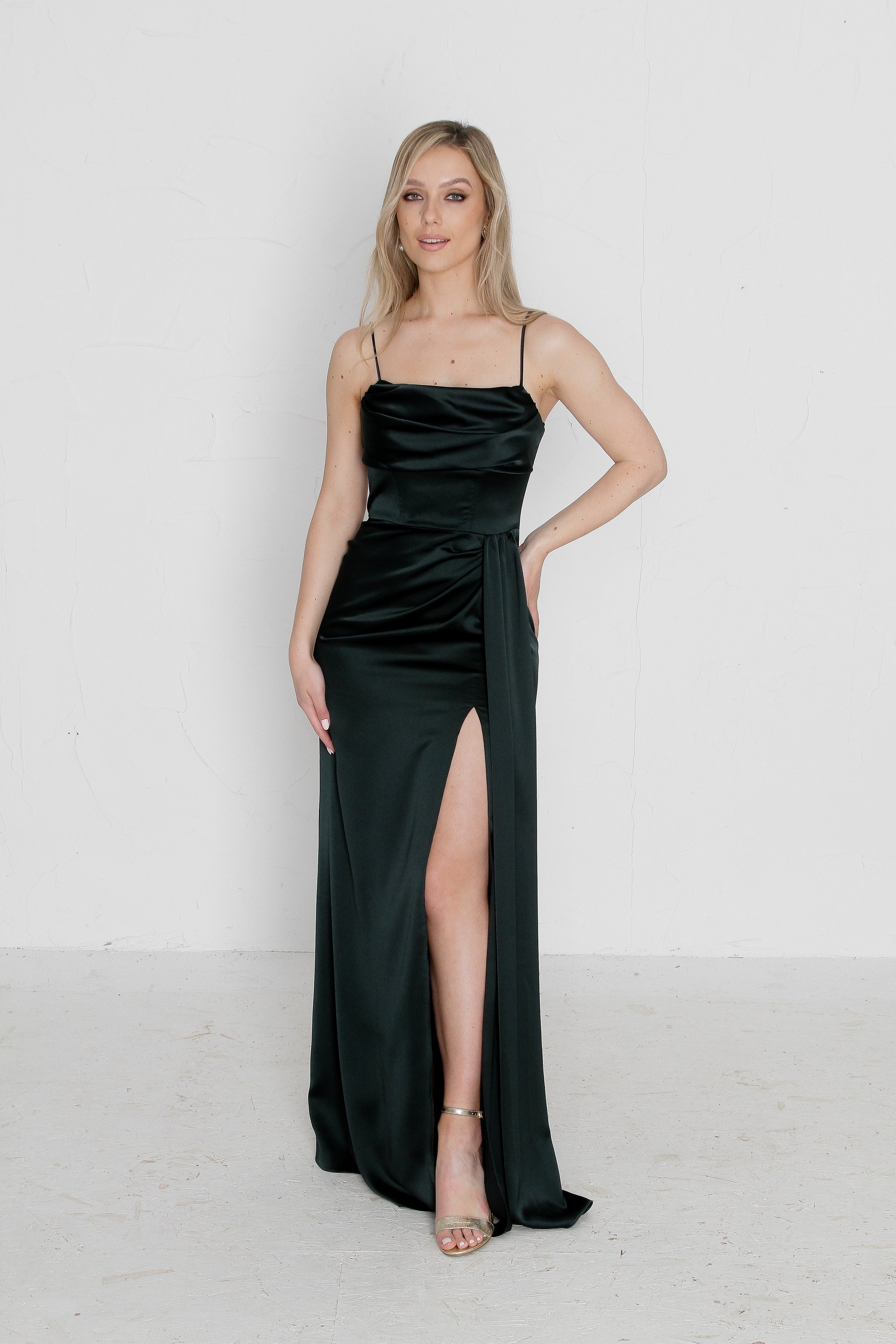 slim fit dress slacks Forest Green Satin Dress - Green Lace Dress main image 0