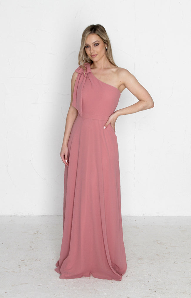 Fleur Chiffon Gown Detachable Bow - Dusty Rose