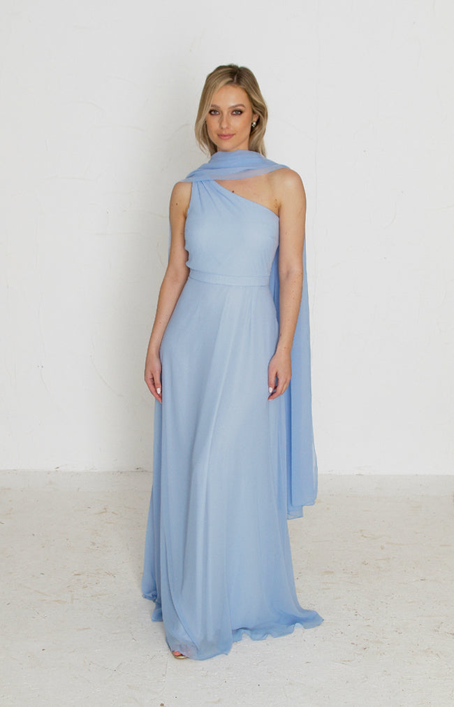Fleur Chiffon Gown Detachable Bow - Cashmere Blue