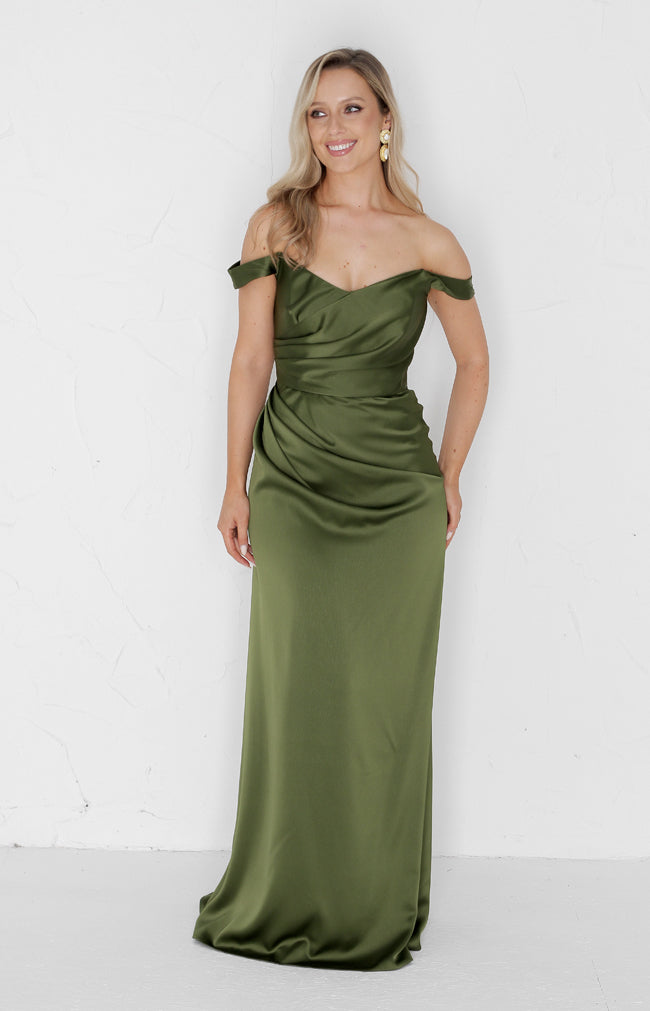 Deven Satin Gown - Olive