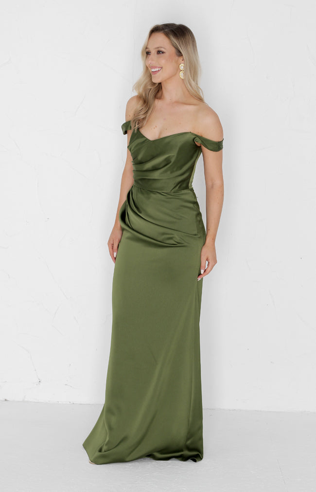 Deven Satin Gown - Olive