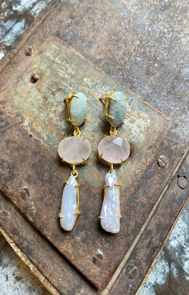Jubia Green Earrings - Amazonite, Rose & Pearl