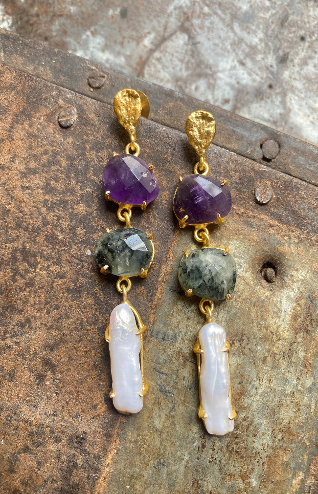 Neda Earrings - Purple Amethyst - Green