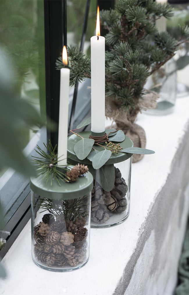 Candle holder w/metal lid dusty green