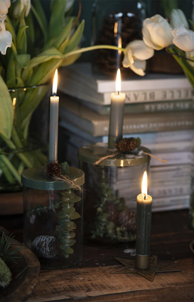 Candle holder w/metal lid dusty green