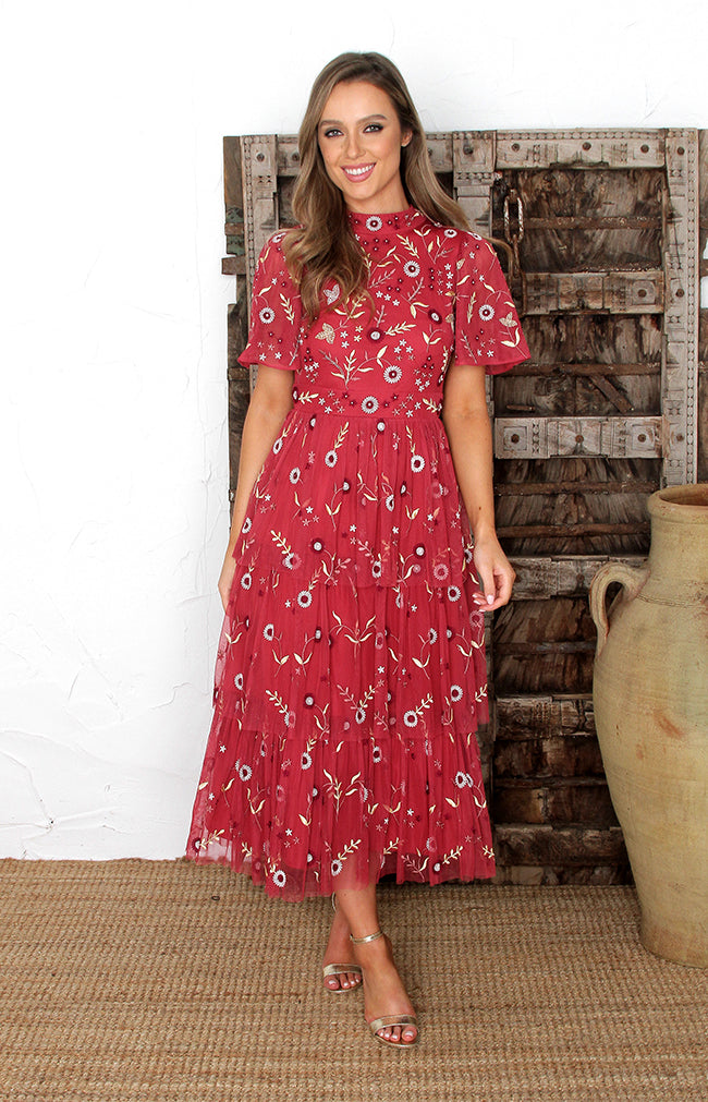 Madeline Raspberry Midi Dress Beaded & Sequin Dress by Folkster