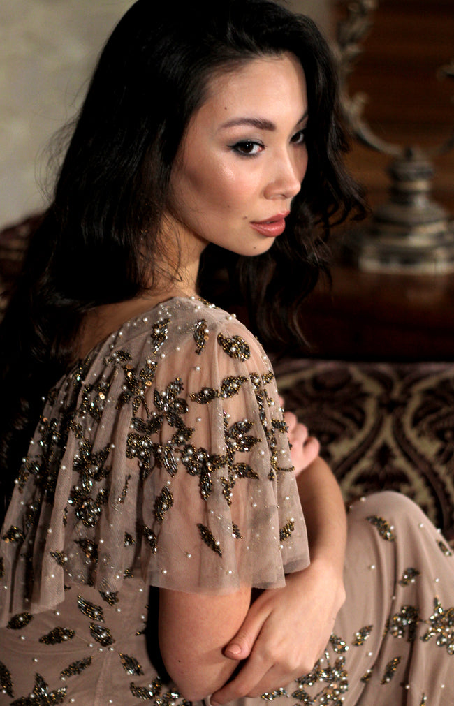 Annette Hand Beaded Gown - Mocha