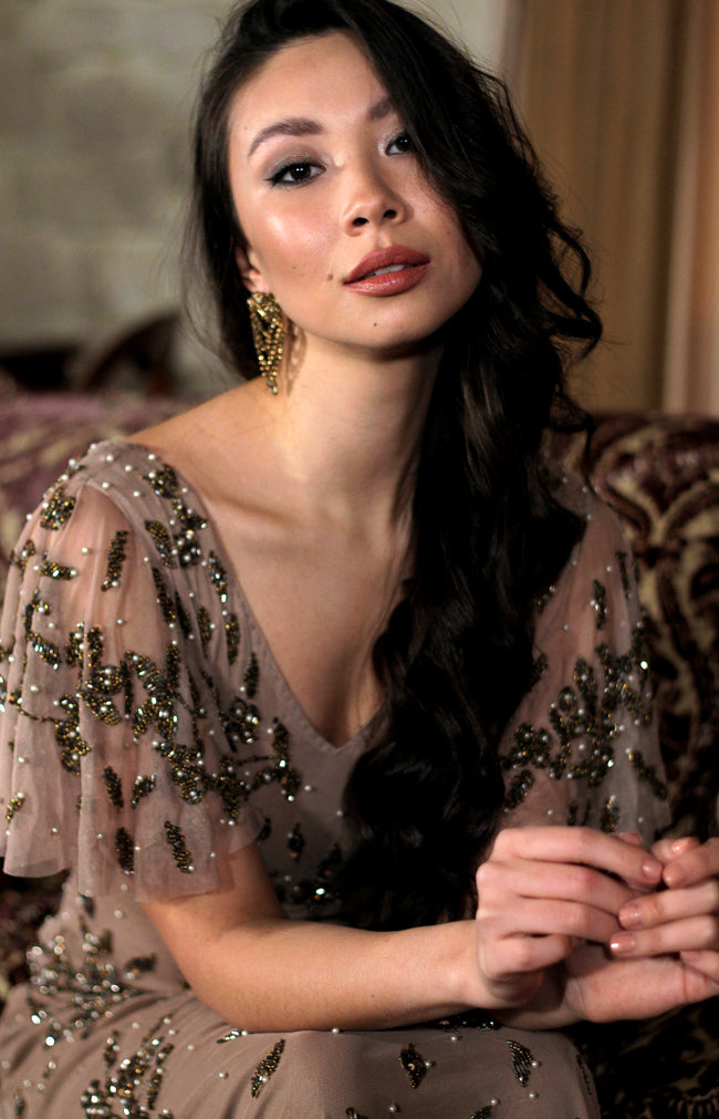 Annette Hand Beaded Gown - Mocha