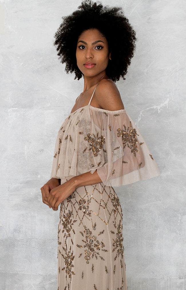 Eloise Hand Beaded Off Shoulder Gown - Mocha