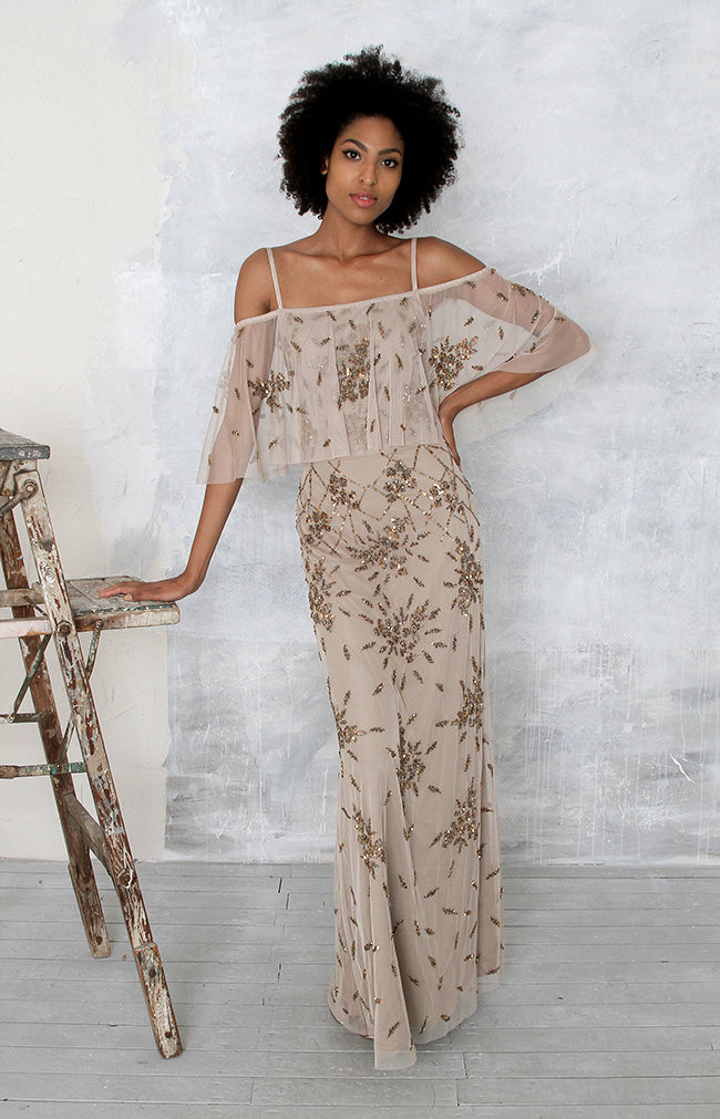 Eloise Hand Beaded Off Shoulder Gown - Mocha