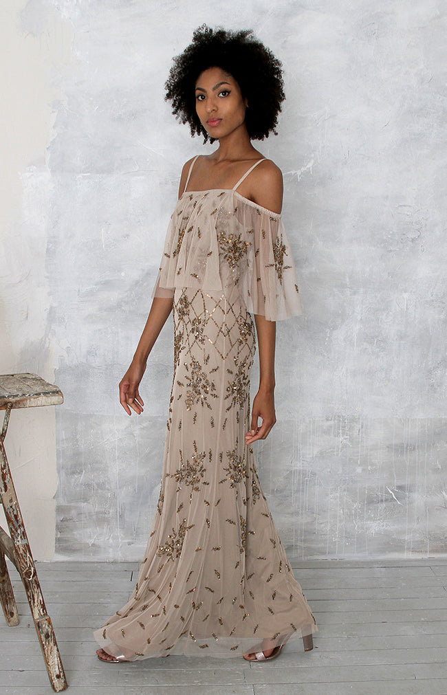 Eloise Hand Beaded Off Shoulder Gown - Mocha