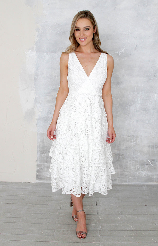 Sade Tiered Lace Midi Dress - Ivory