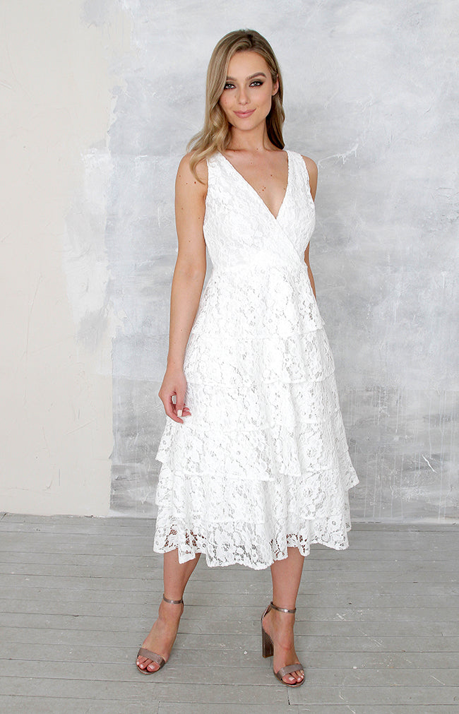 Sade Tiered Lace Midi Dress - Ivory