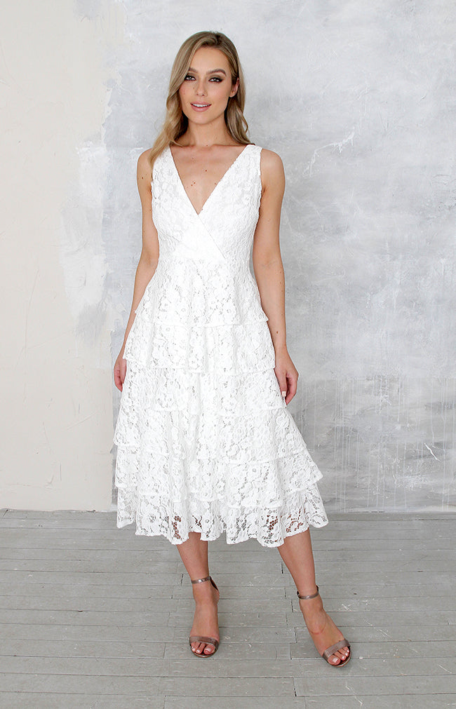 Sade Tiered Lace Midi Dress - Ivory