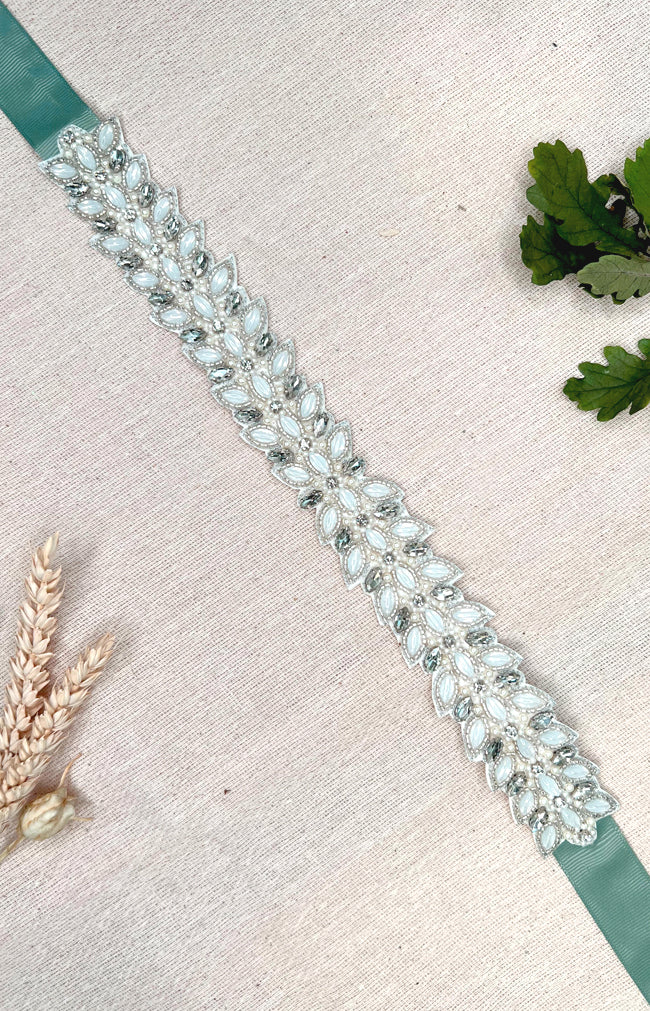 Athos Beaded Belt - Ivory with Seafoam ribbon