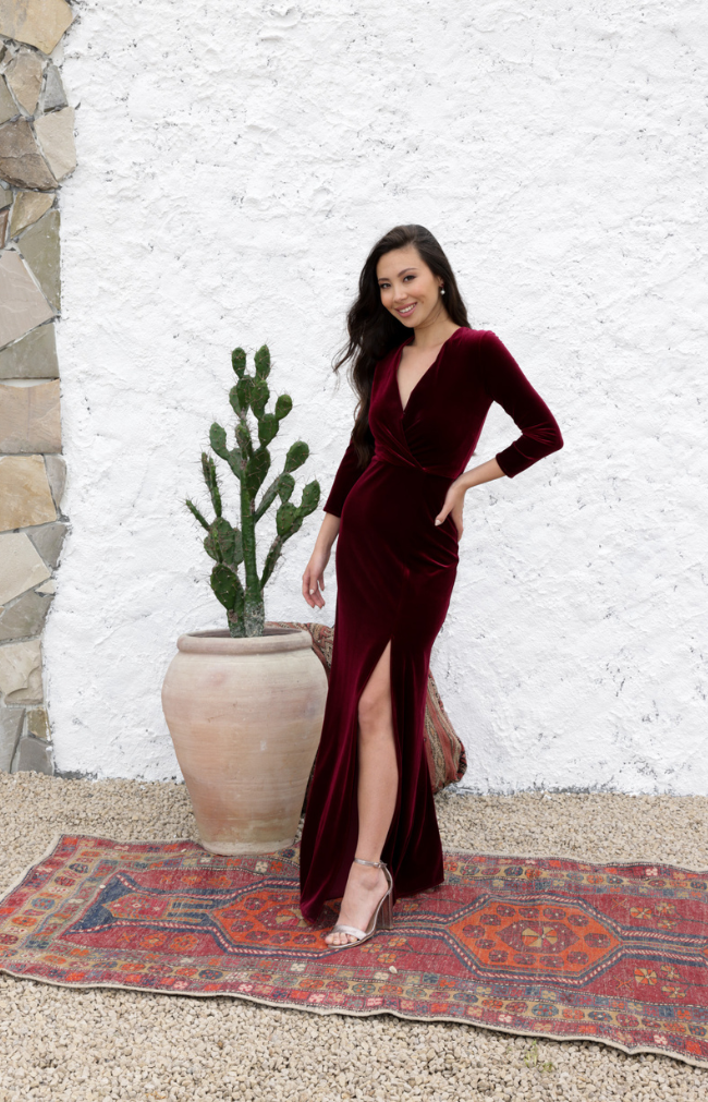 Burgundy velvet long sleeve dress online