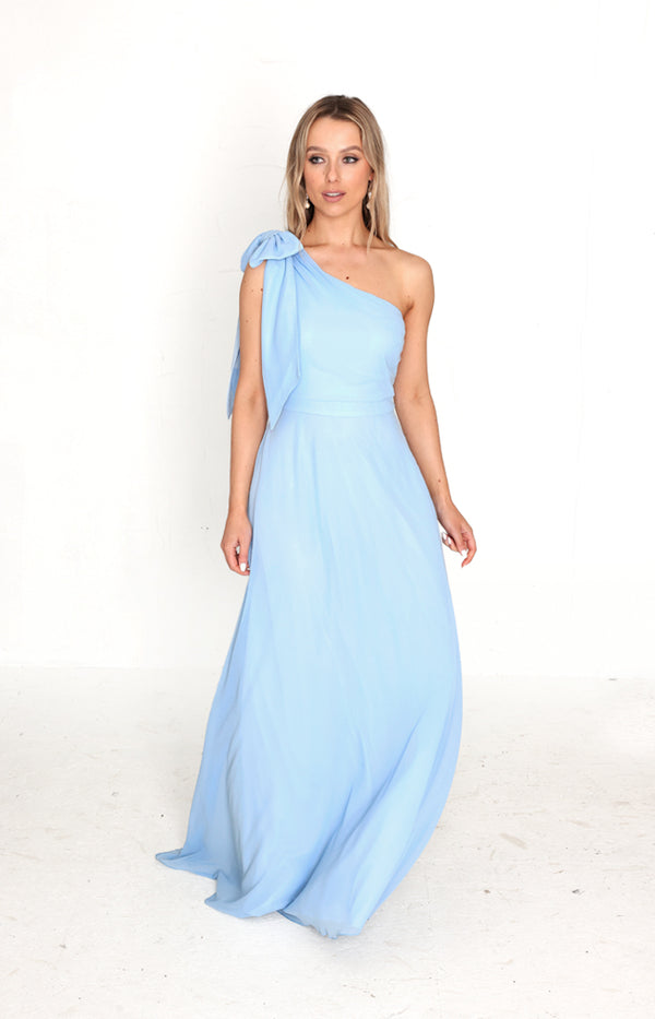 Fleur Chiffon Gown Detachable Bow - Cashmere Blue