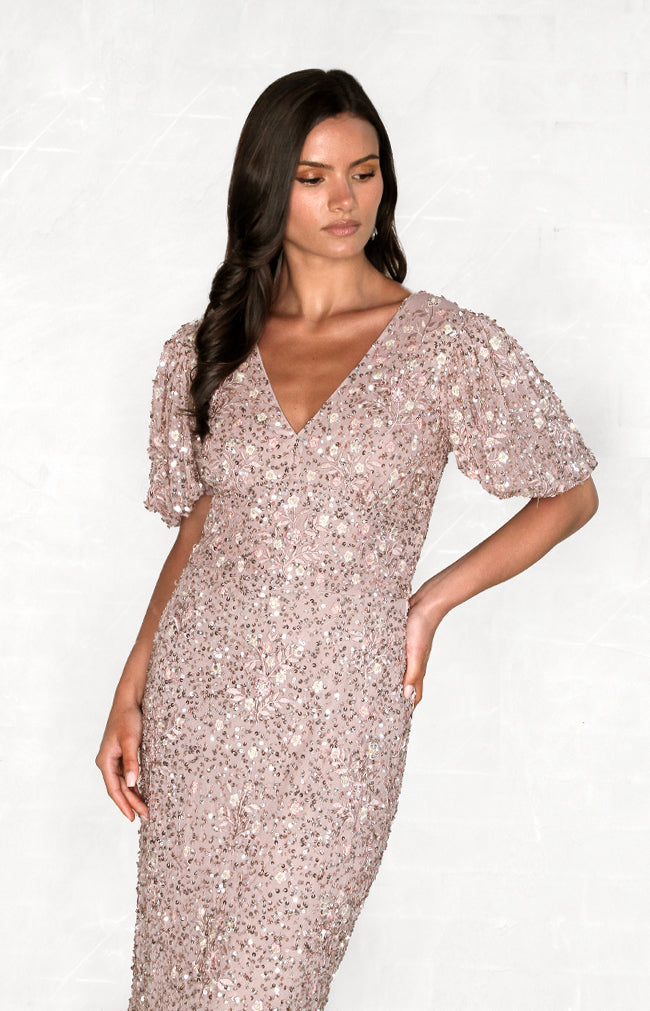 Diane Hand Beaded Midi Dress - Dusty Rose
