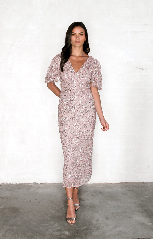 Diane Hand Beaded Midi Dress - Dusty Rose