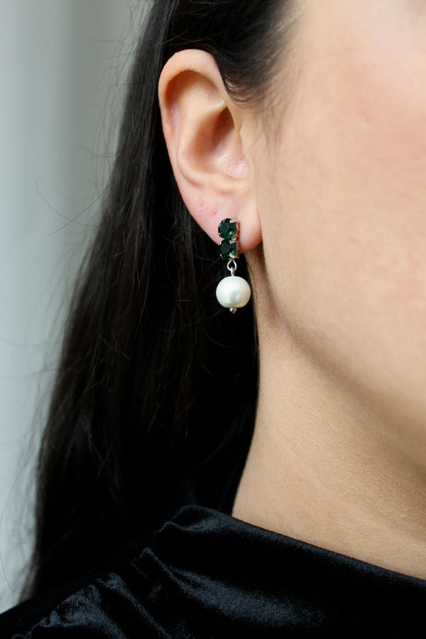 Clem Earrings - Forest Green & Pearl