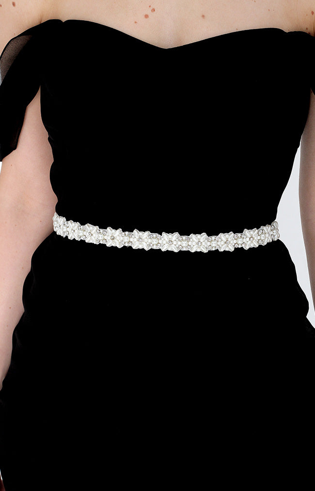 Mysie Beaded Belt - Ivory with Black ribbon