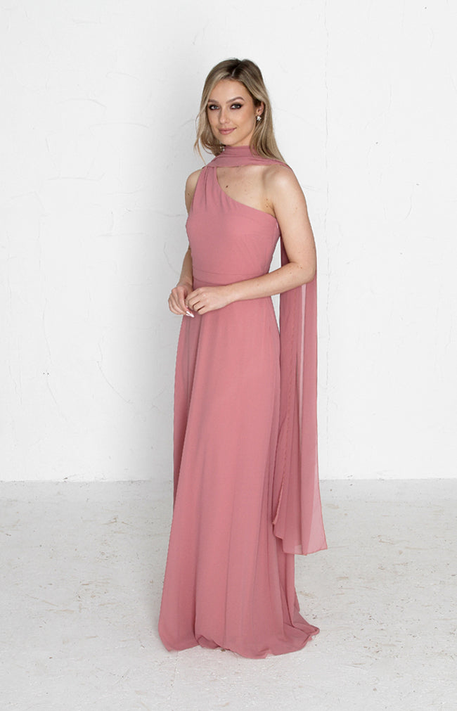 Fleur Chiffon Gown Detachable Bow - Dusty Rose