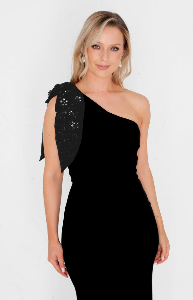 Fleur Velvet Gown Detachable Bow - Black