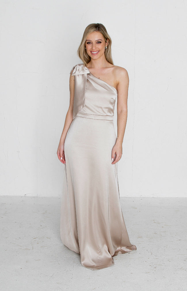 Fleur Satin Gown Detachable Bow - Light Gold