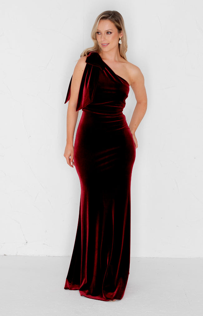 Fleur Velvet Gown Detachable Bow - Burgundy