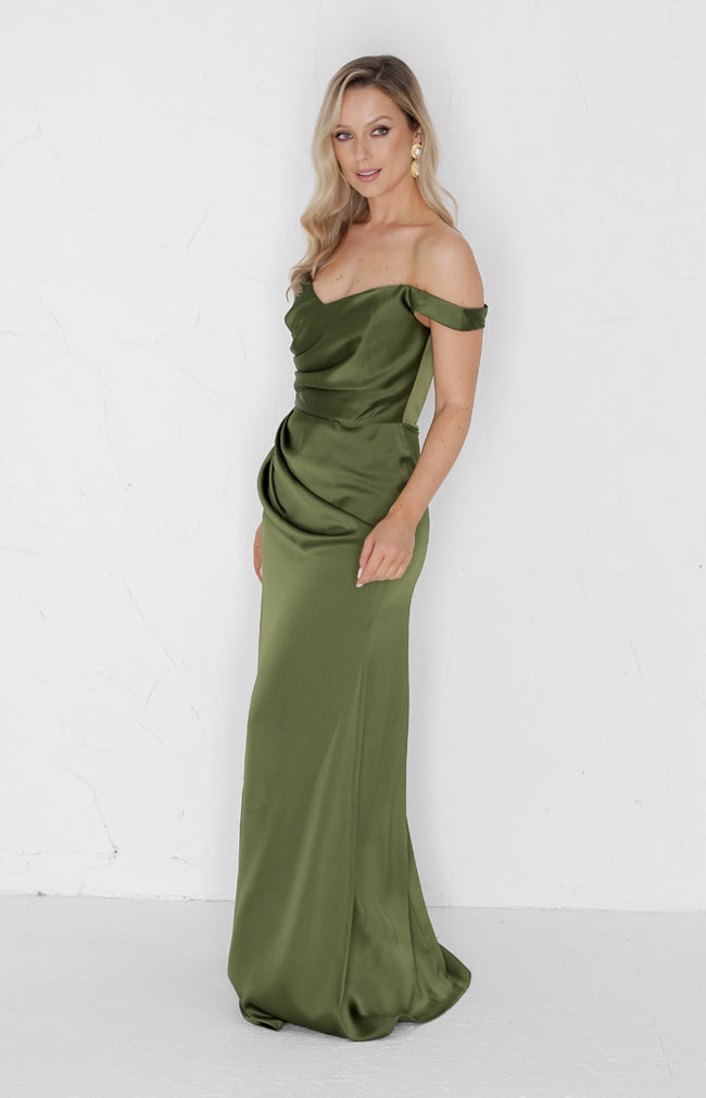 Deven Satin Gown - Olive