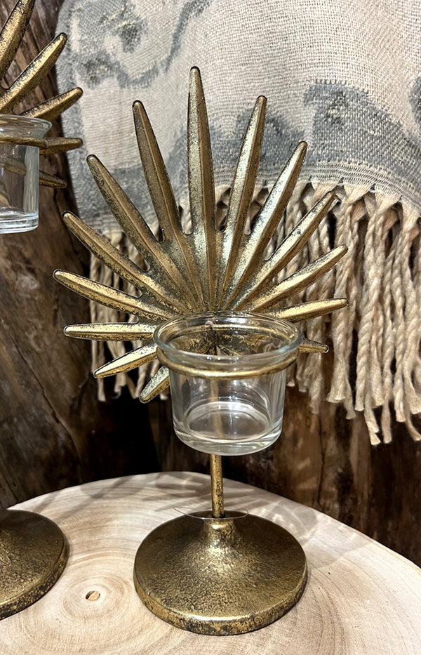Gold palm candle holder - small