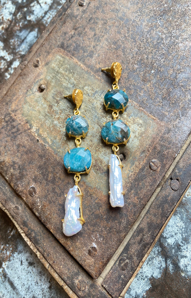 Neda Earrings - Blue Apatite and Pearl