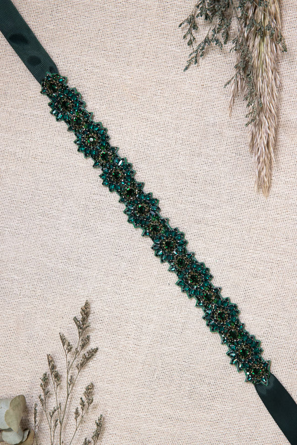Flora Beaded Belt - Forest Green