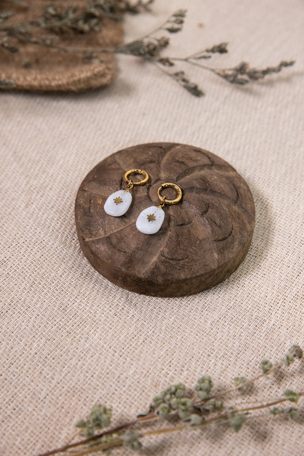 Barlow Stainless Steel Hoop Earrings w/ Natural Stone & Star - White/Gold