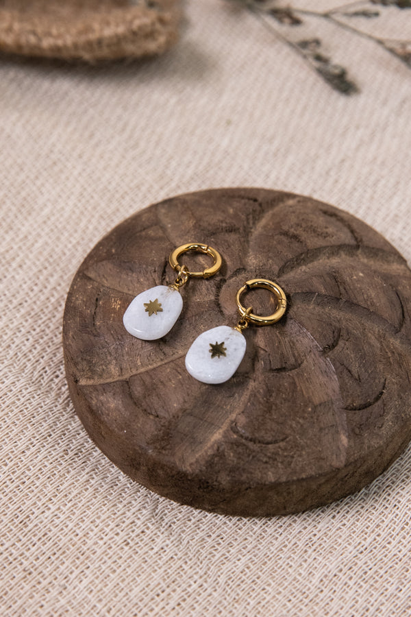 Barlow Stainless Steel Hoop Earrings w/ Natural Stone & Star - White/Gold