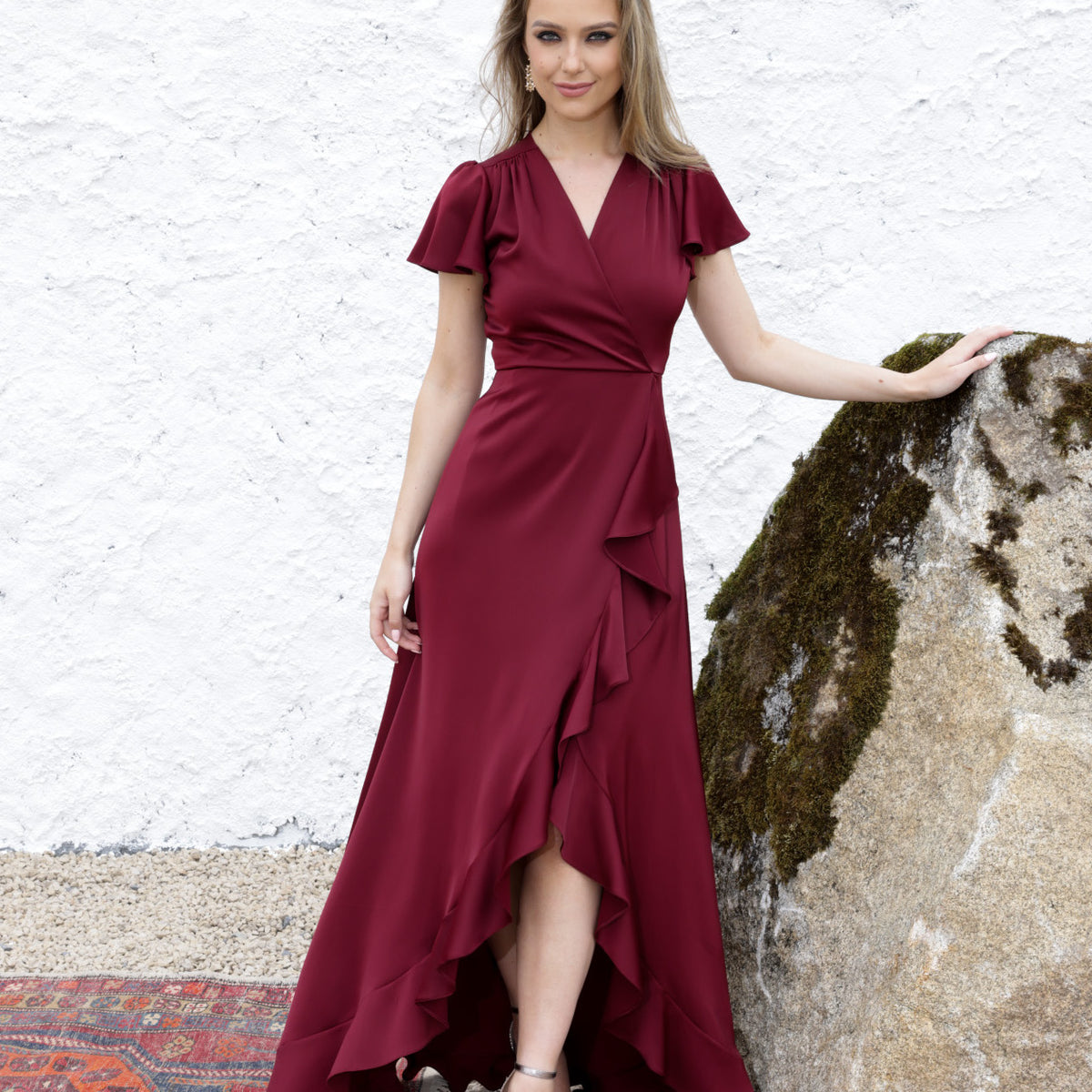 burgundy high low dress Burgundy Pleated High Low Dress main image 0