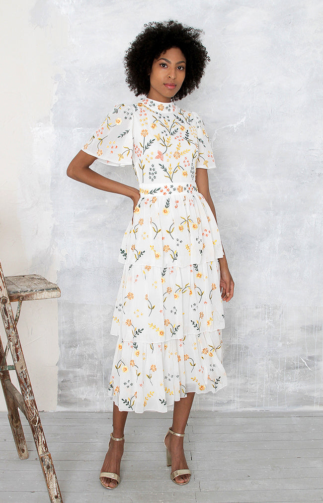 Madeline Hand Embellished Floral Midi Dress - Ivory Multi