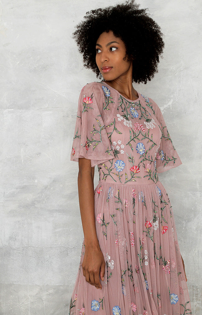 Audrina Hand Embroidered Midi Dress - Mauve