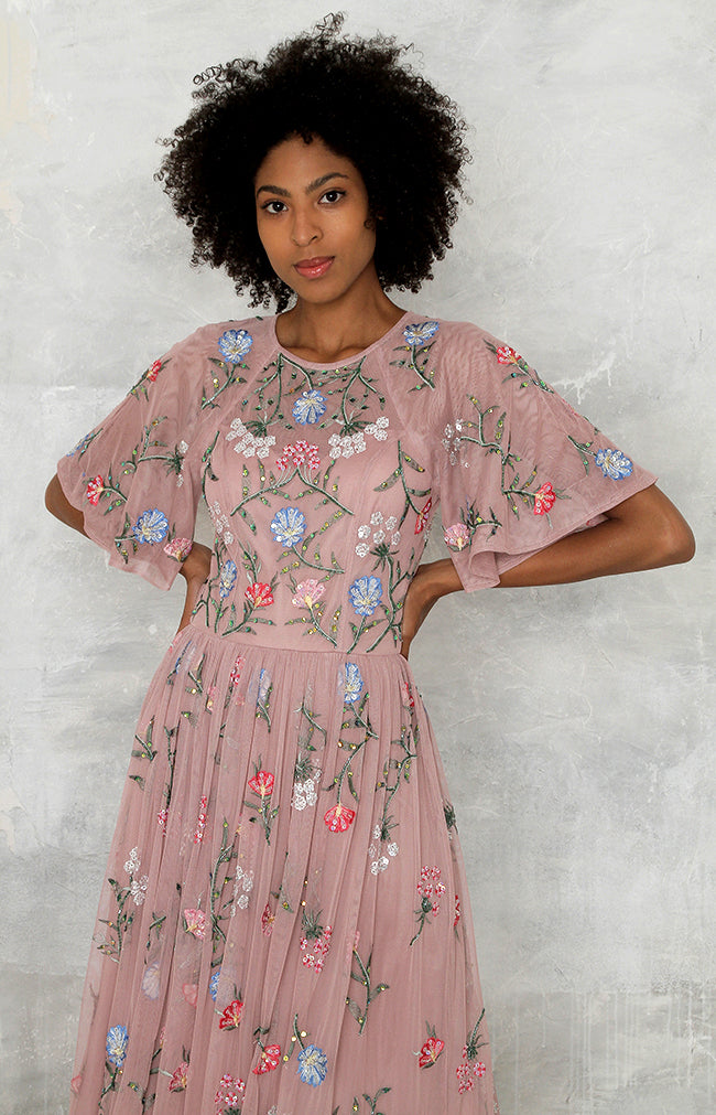 Audrina Hand Embroidered Midi Dress - Mauve
