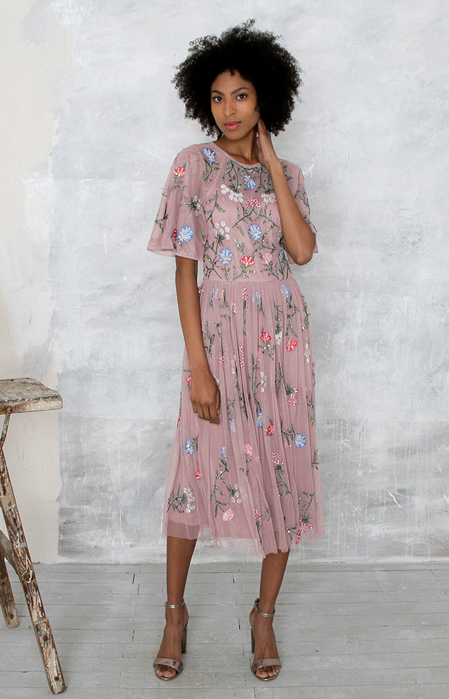 Audrina Hand Embroidered Midi Dress - Mauve