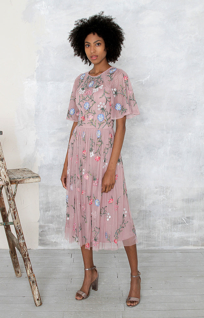 Audrina Hand Embroidered Midi Dress - Mauve